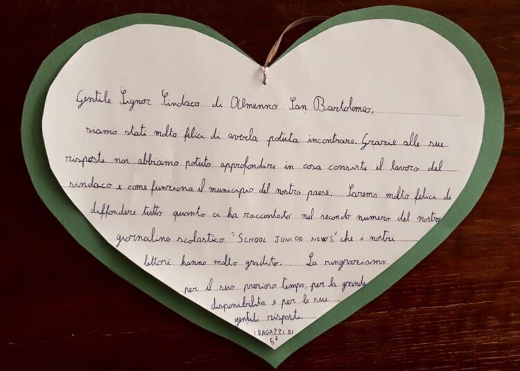 I giovani scoprono le Istituzioni:alunni della primaria di Almenno in visita al Municipio 1 Lettera ricordo alunni 1