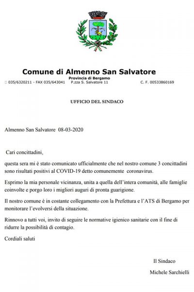 Comunicazione Sindaco di Almenno San Salvatore Comunicazione Sindaco di Almenno San Salvatore